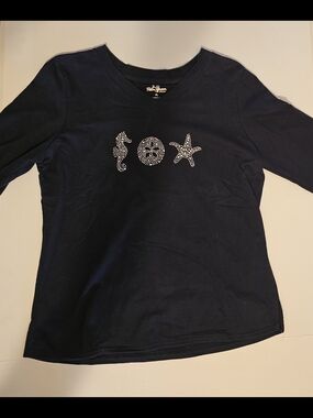 Petite Navy Long Sleeve Tee with Rhinestone Sea Life